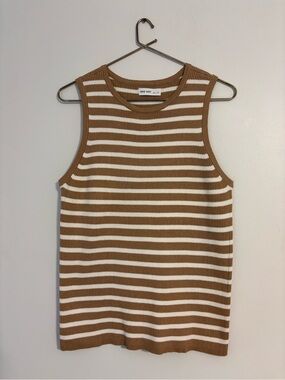 Nine West Brown & White Striped Ribbed Sweater Tank Top - Size Large